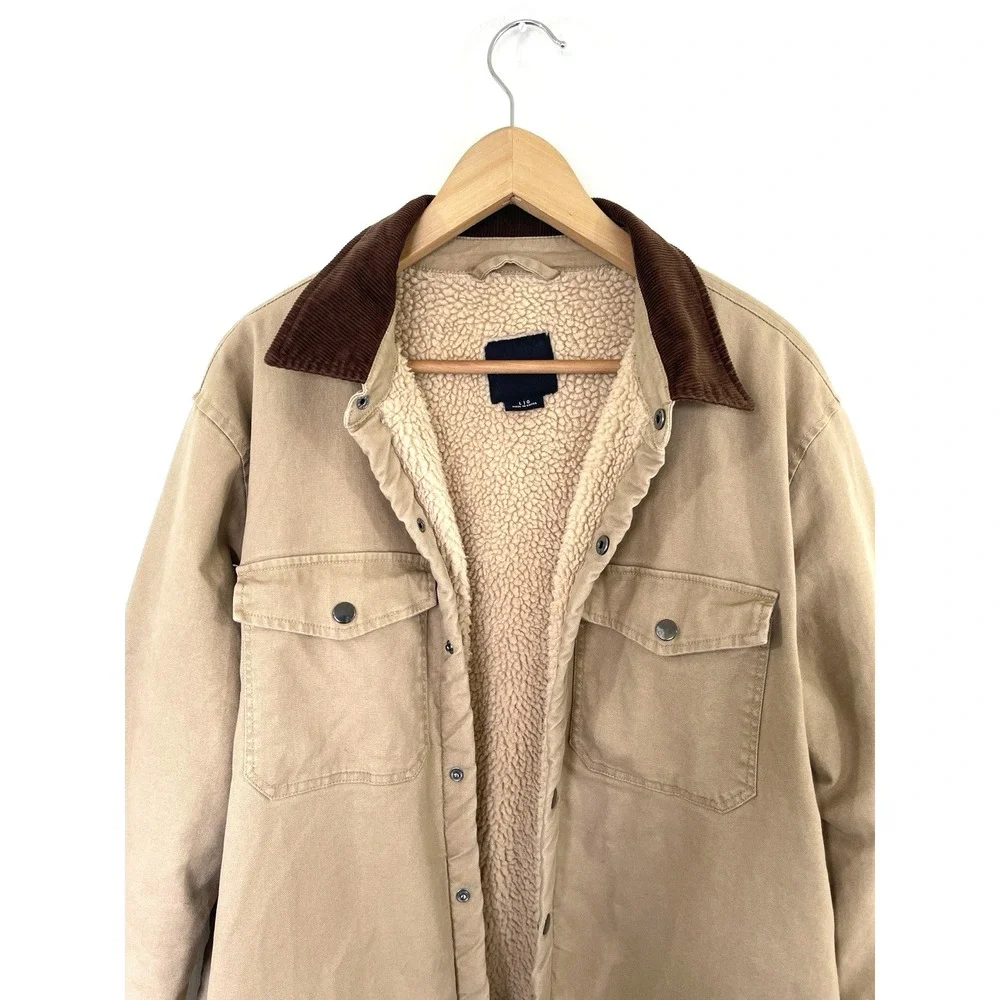 Mens Sherpa Lined Canvas Jacket Size L Corduroy Collar Country Barn Chore - Picture 2 of 9